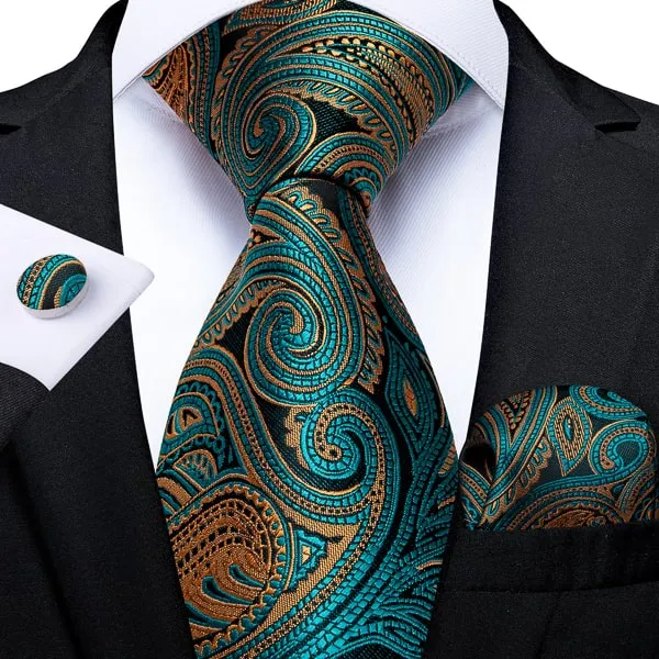 Classy Men Teal & Gold Luxury Paisley Silk Tie