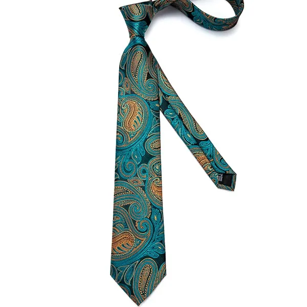 Classy Men Teal & Gold Luxury Paisley Silk Tie