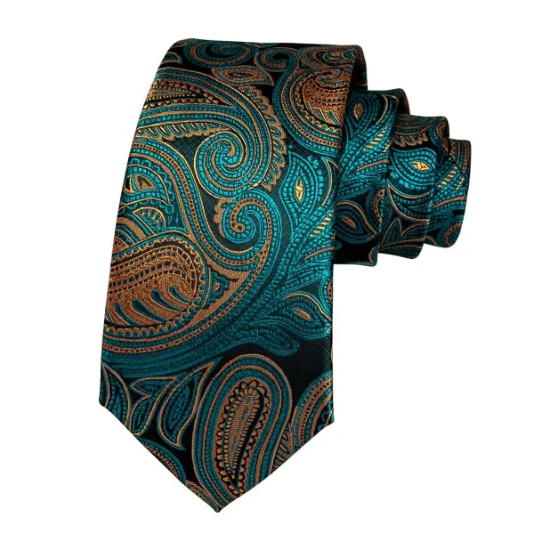 Classy Men Teal & Gold Luxury Paisley Silk Tie