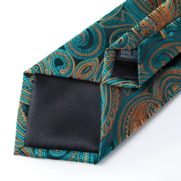 Classy Men Teal & Gold Luxury Paisley Silk Tie