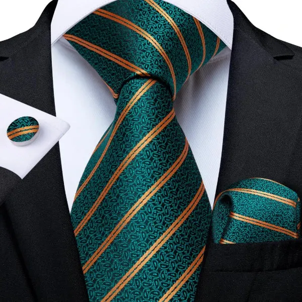 Classy Men Teal & Gold Paisley Striped Silk Tie