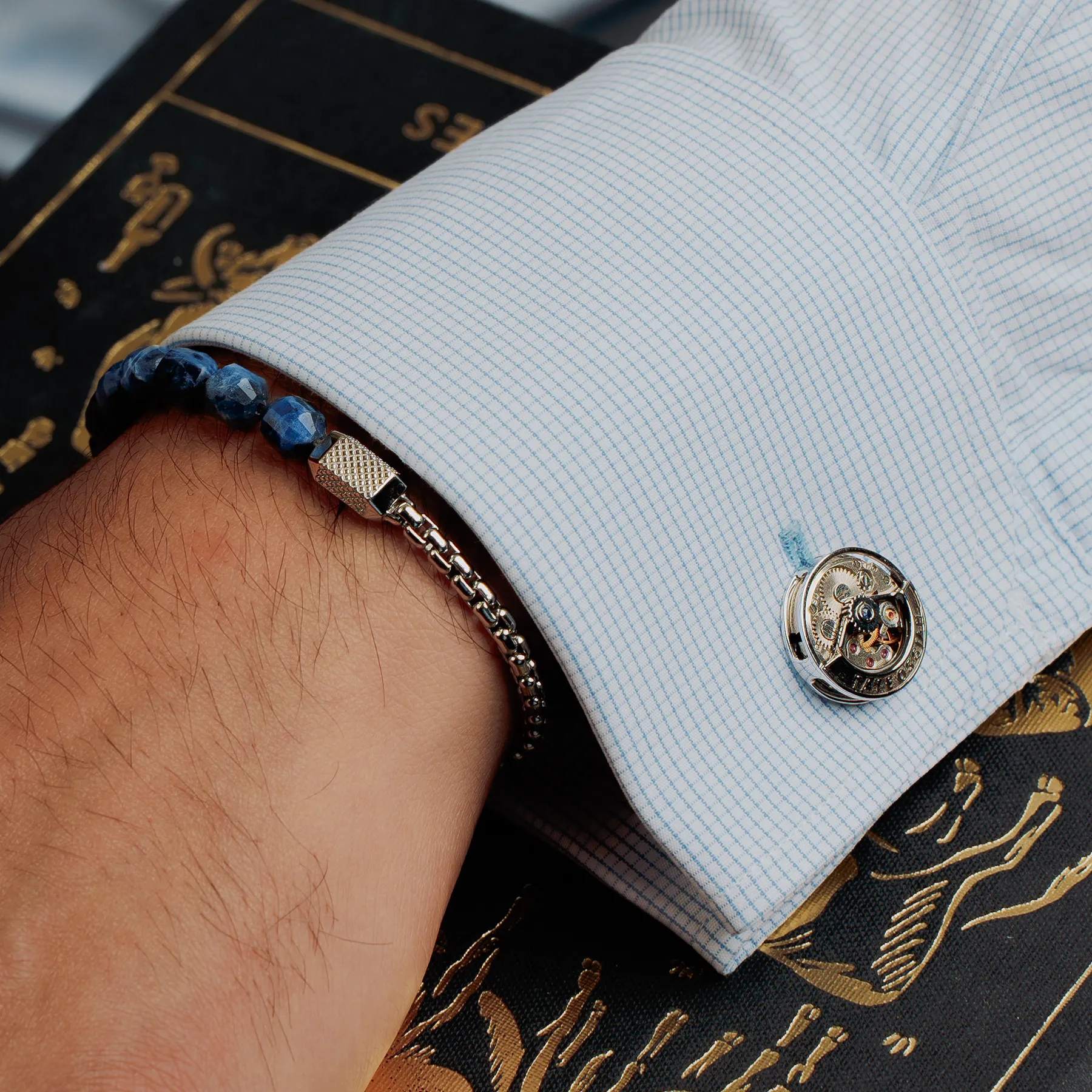 Deboss Round Skeleton Cufflinks in Rhodium Plated Silver with Watch Movement