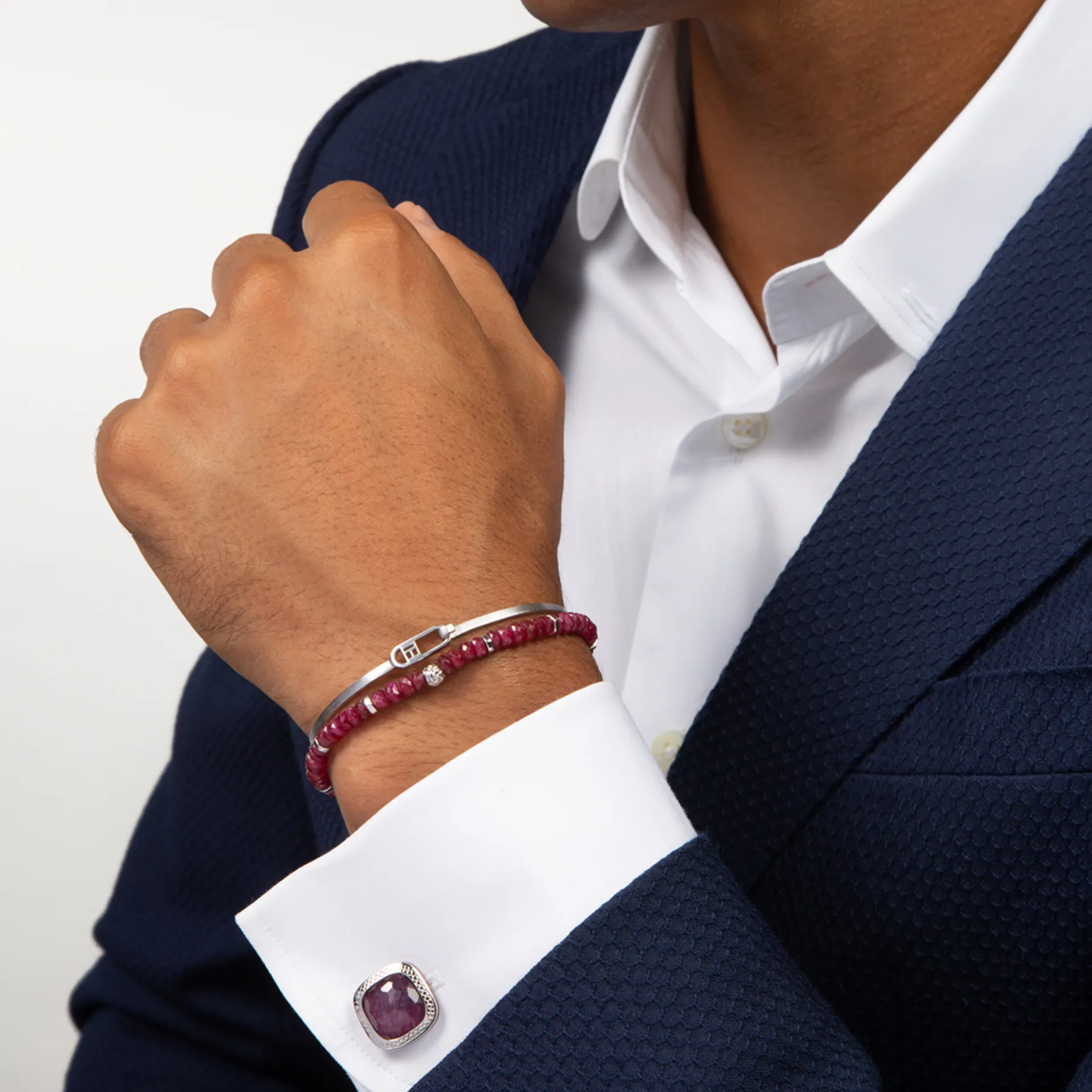 Rhodium Silver Doppione Cufflinks with Cushioned Ruby Detail
