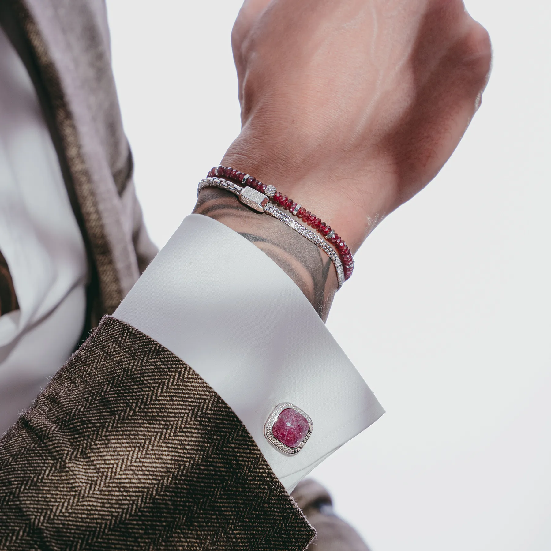 Rhodium Silver Doppione Cufflinks with Cushioned Ruby Detail