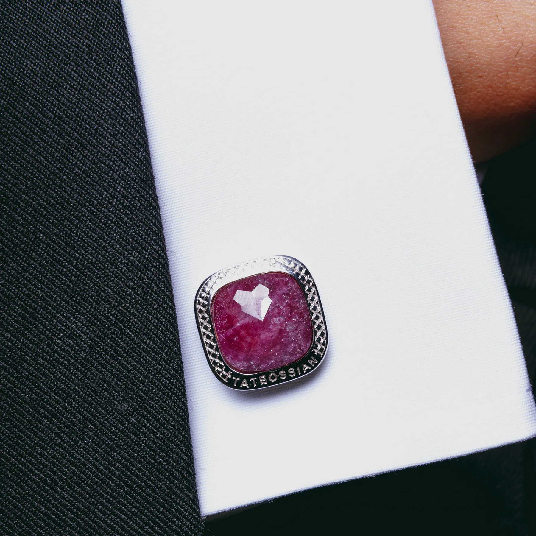 Rhodium Silver Doppione Cufflinks with Cushioned Ruby Detail