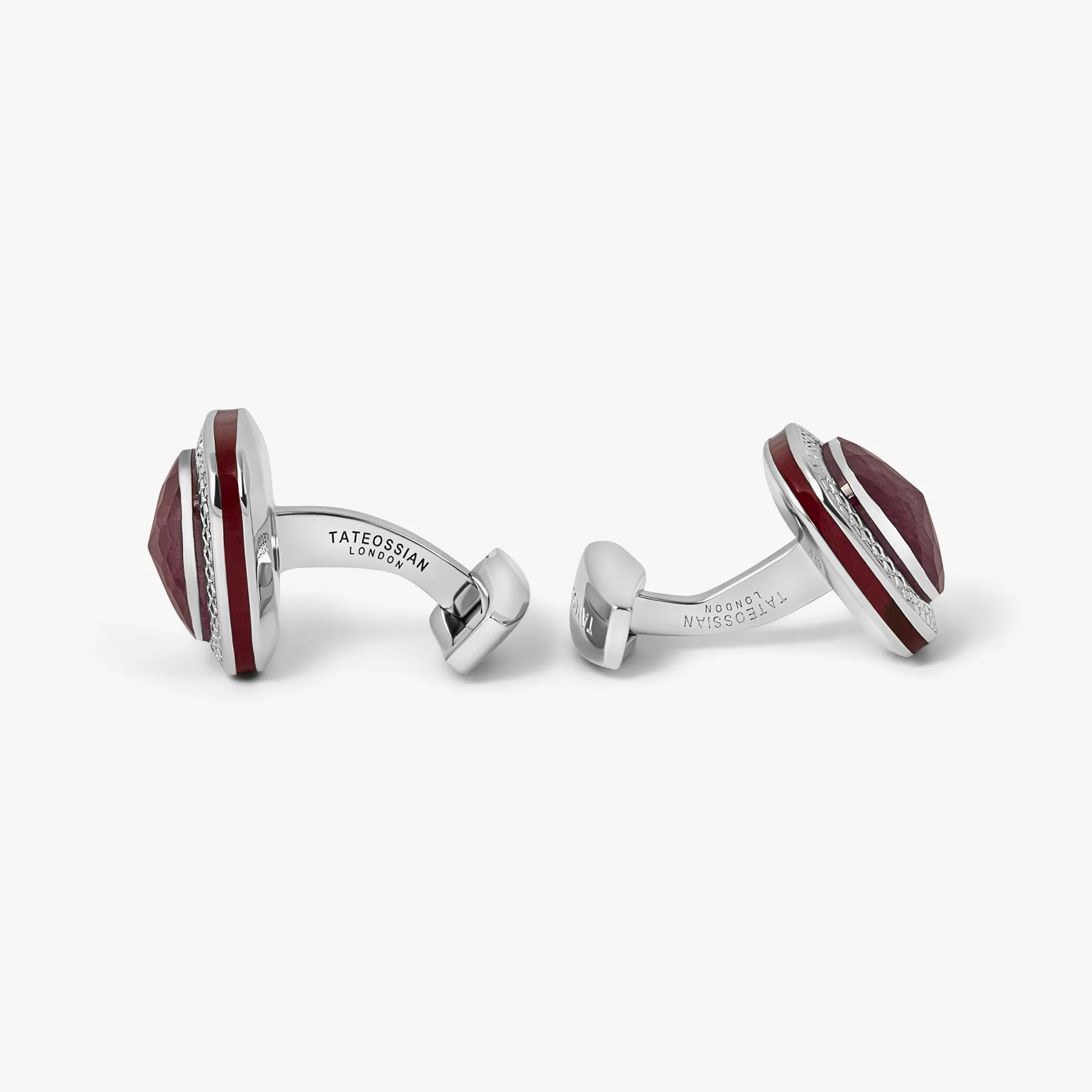 Rhodium Silver Doppione Cufflinks with Cushioned Ruby Detail