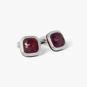 Rhodium Silver Doppione Cufflinks with Cushioned Ruby Detail