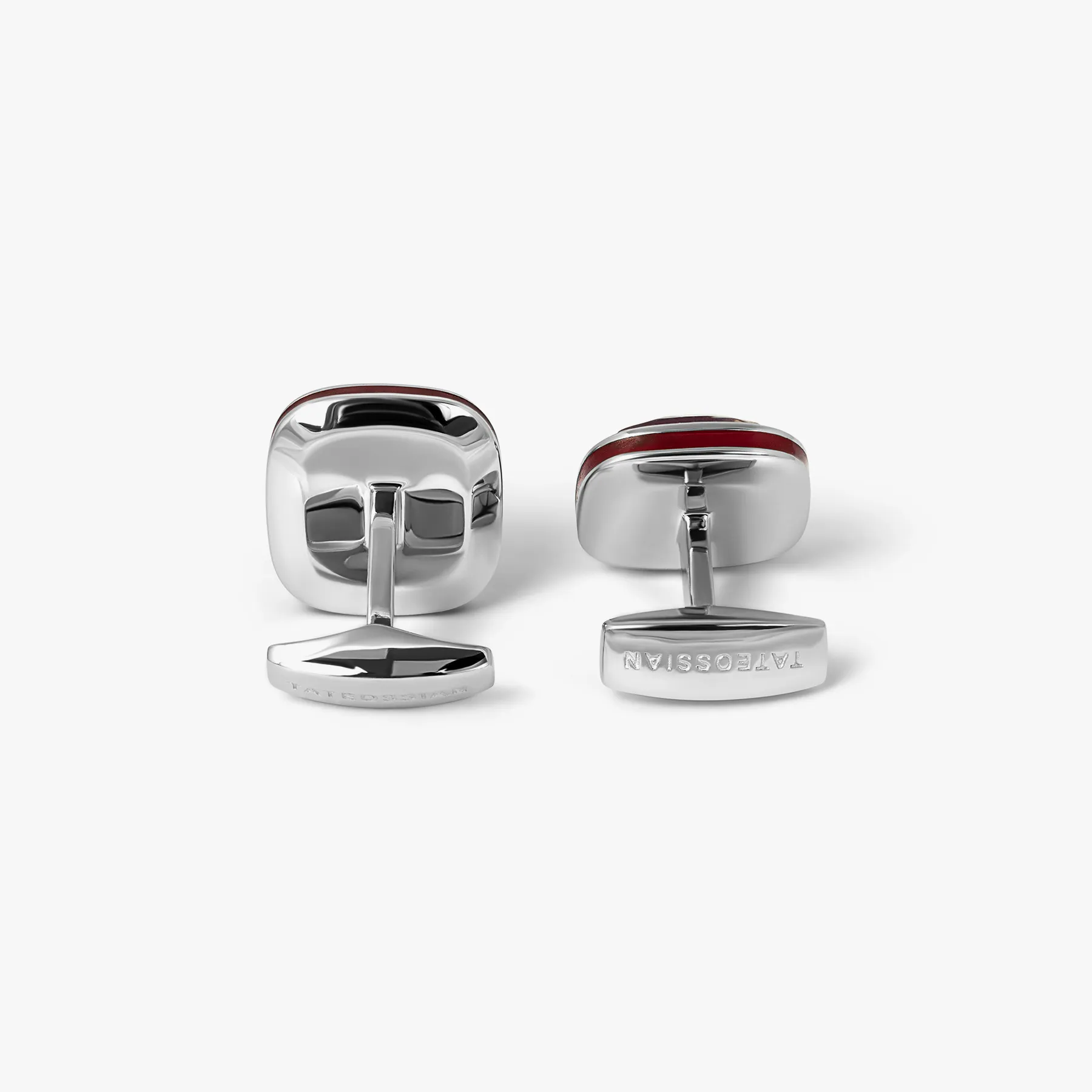 Rhodium Silver Doppione Cufflinks with Cushioned Ruby Detail