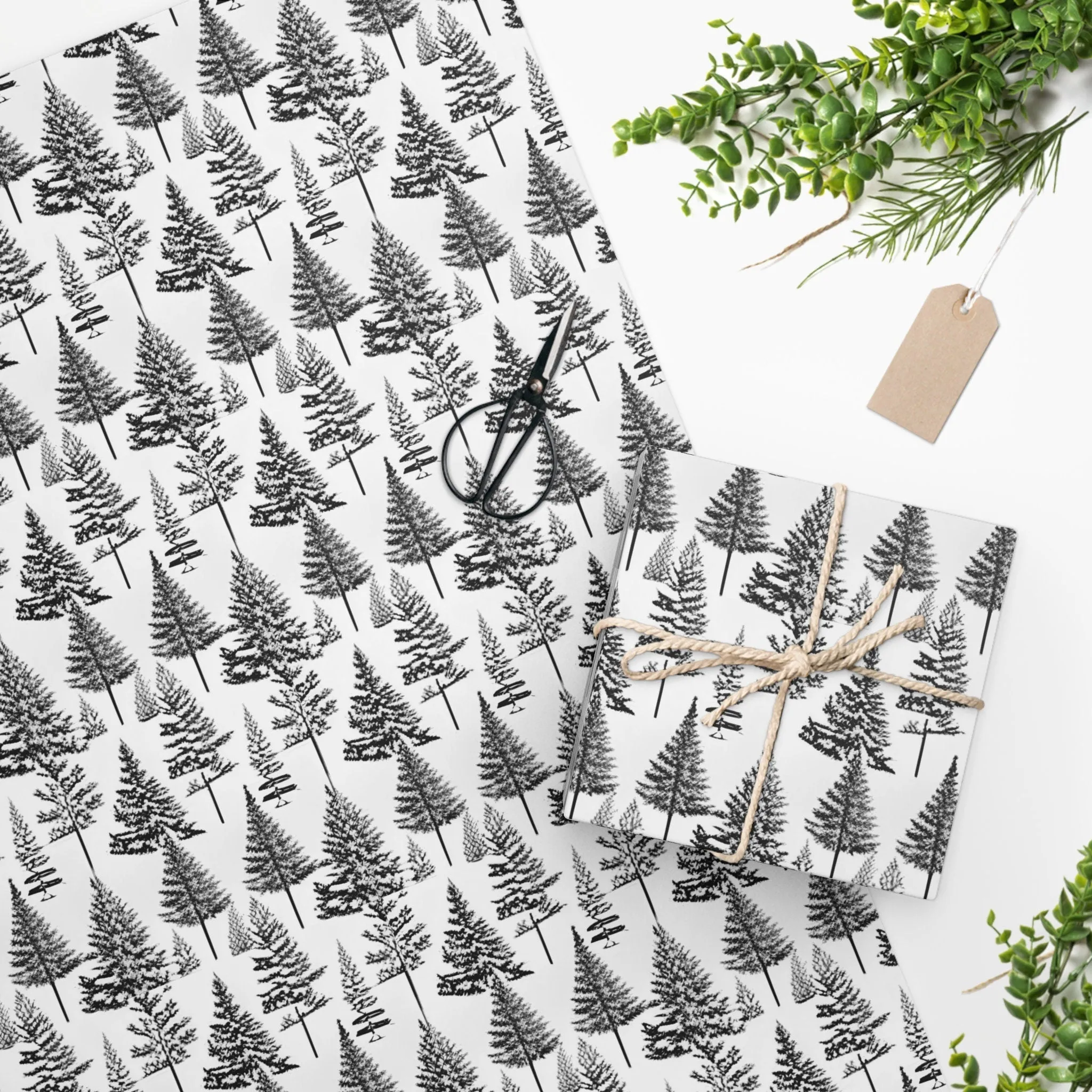 Elegant Black and White Toile Christmas Gift Wrap - Classic Winter Tree Pattern
