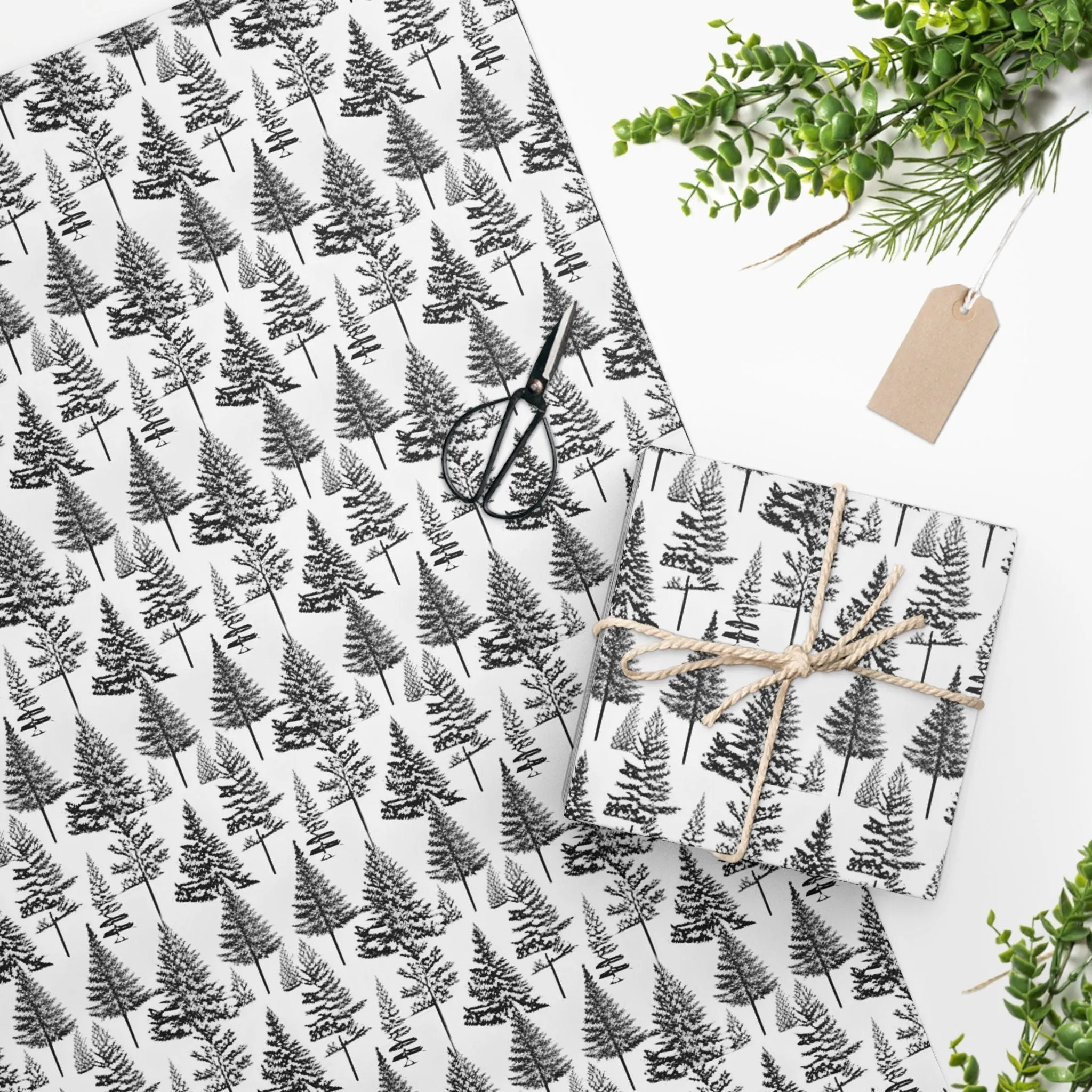 Elegant Black and White Toile Christmas Gift Wrap - Classic Winter Tree Pattern