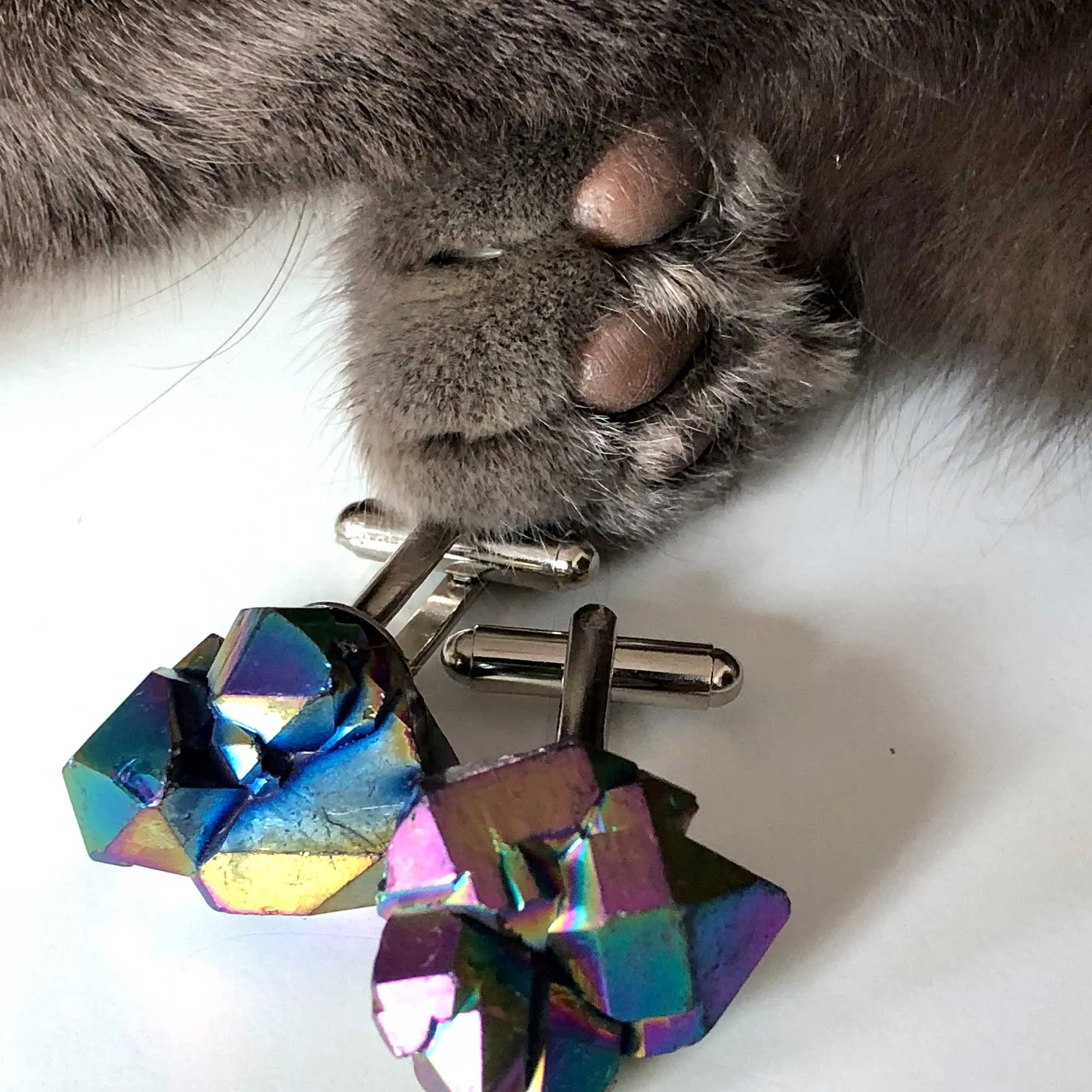 Flame Aura Quartz Cufflinks, Rainbow Titanium coated raw stones