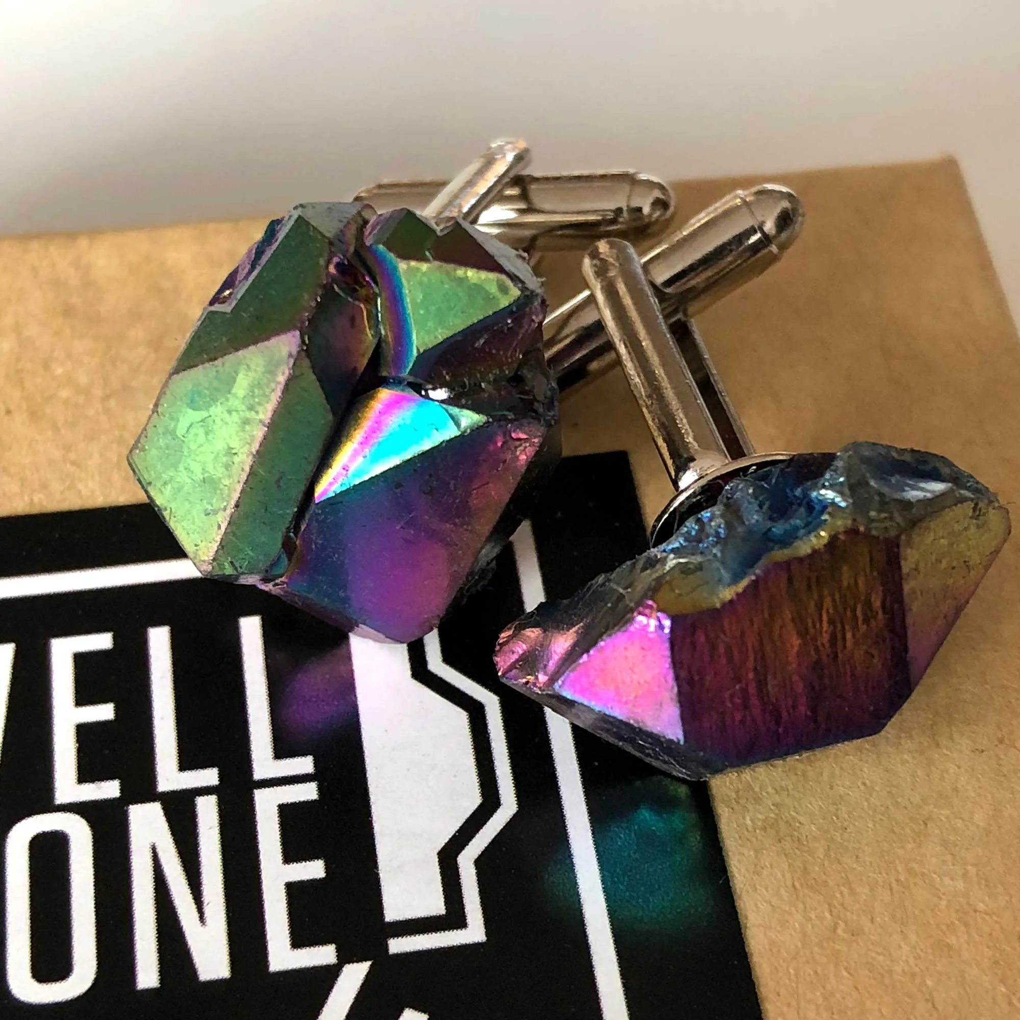 Flame Aura Quartz Cufflinks, Rainbow Titanium coated raw stones