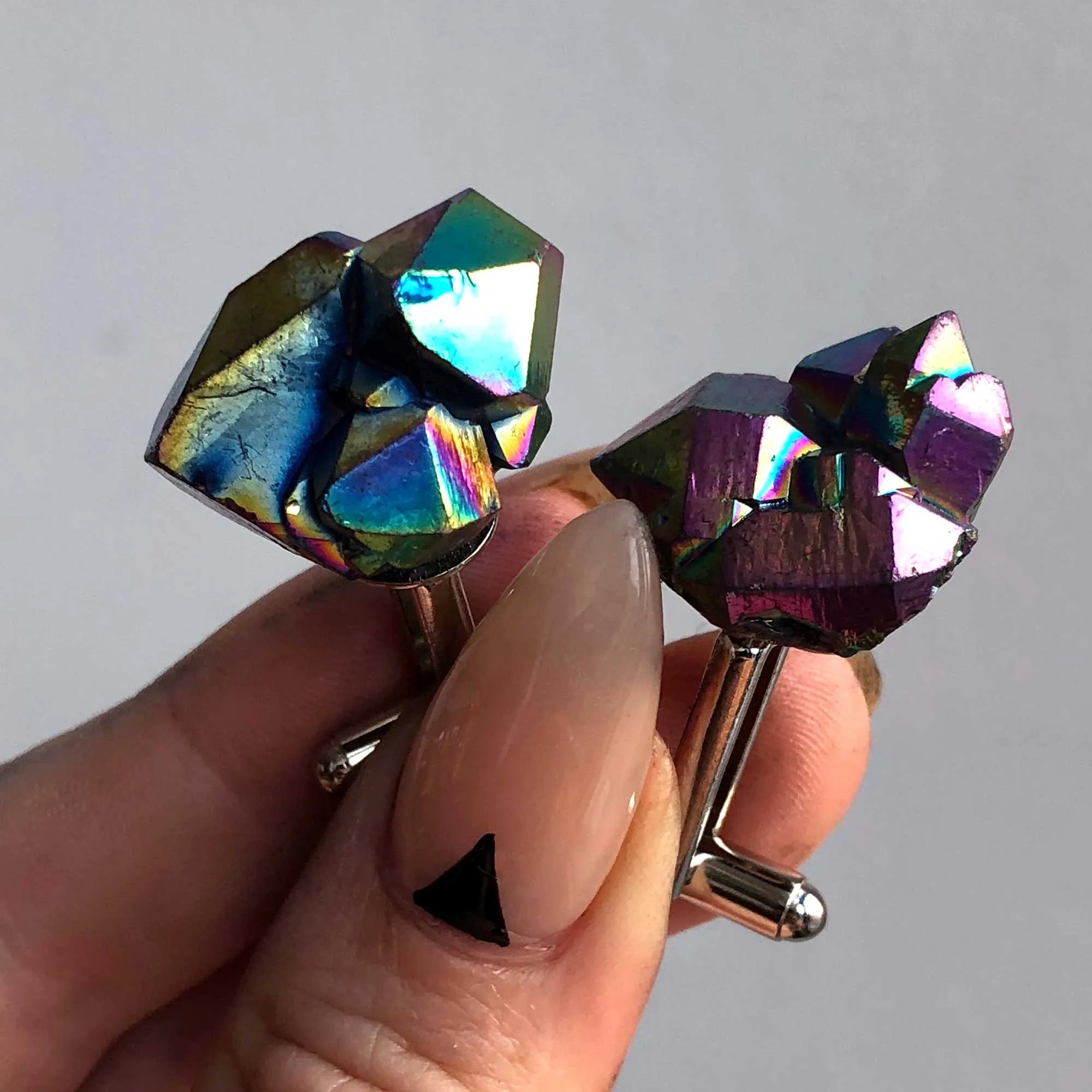 Flame Aura Quartz Cufflinks, Rainbow Titanium coated raw stones