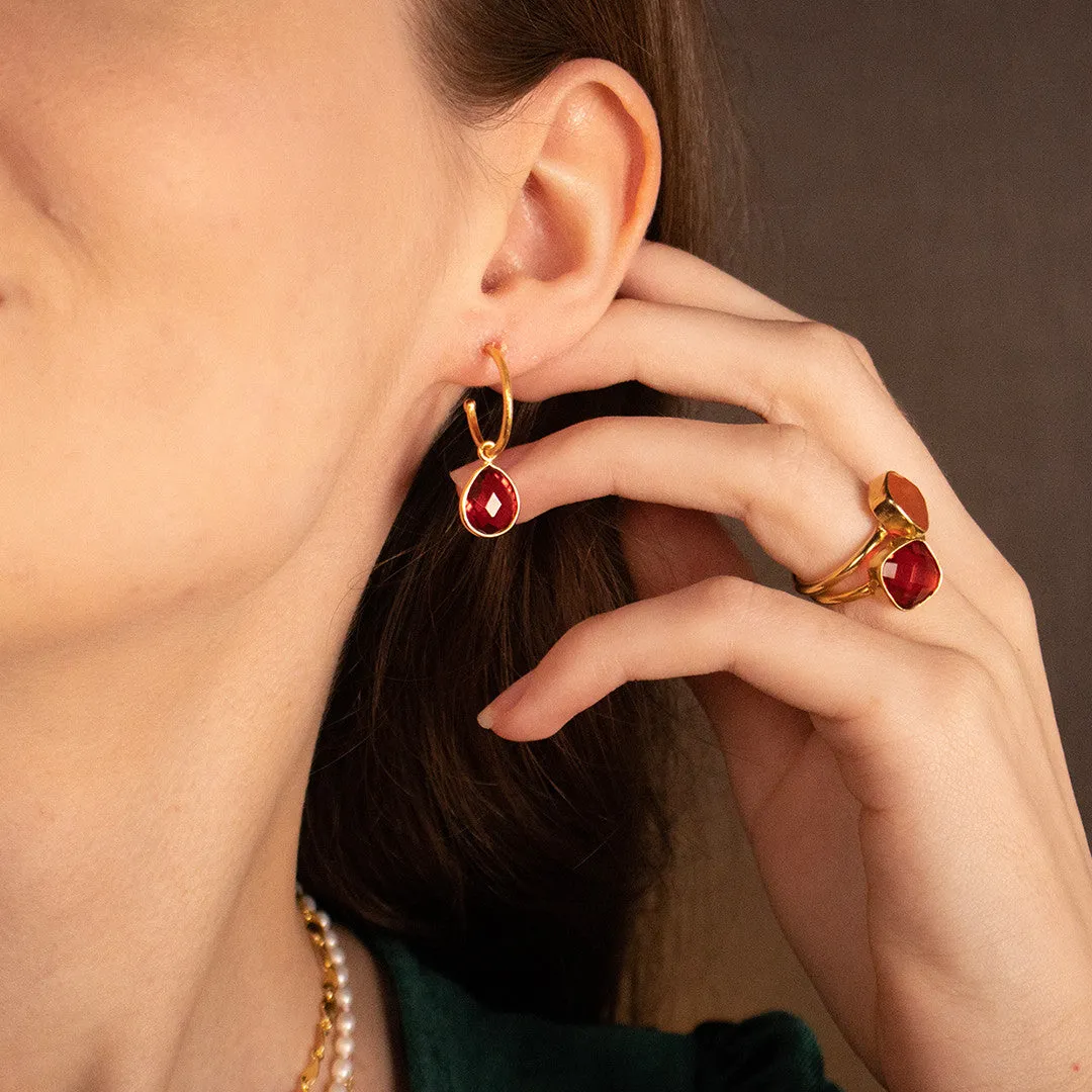 Garnet Drop Hoop Earrings | Gold - January