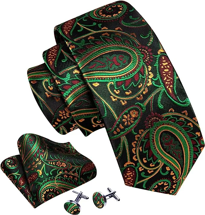 Green Red Black Gold Paisley Necktie Set-LBWY1370