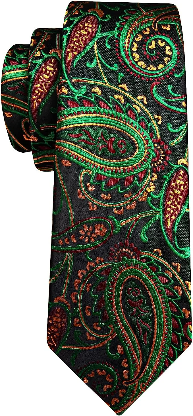 Green Red Black Gold Paisley Necktie Set-LBWY1370