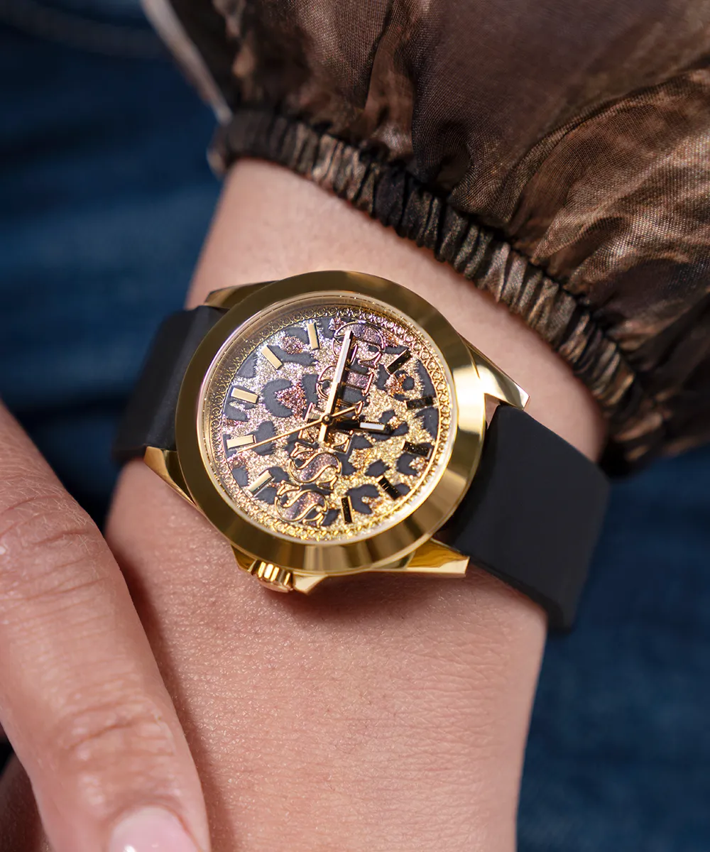 GUESS Ladies Black Gold Tone Analog Watch