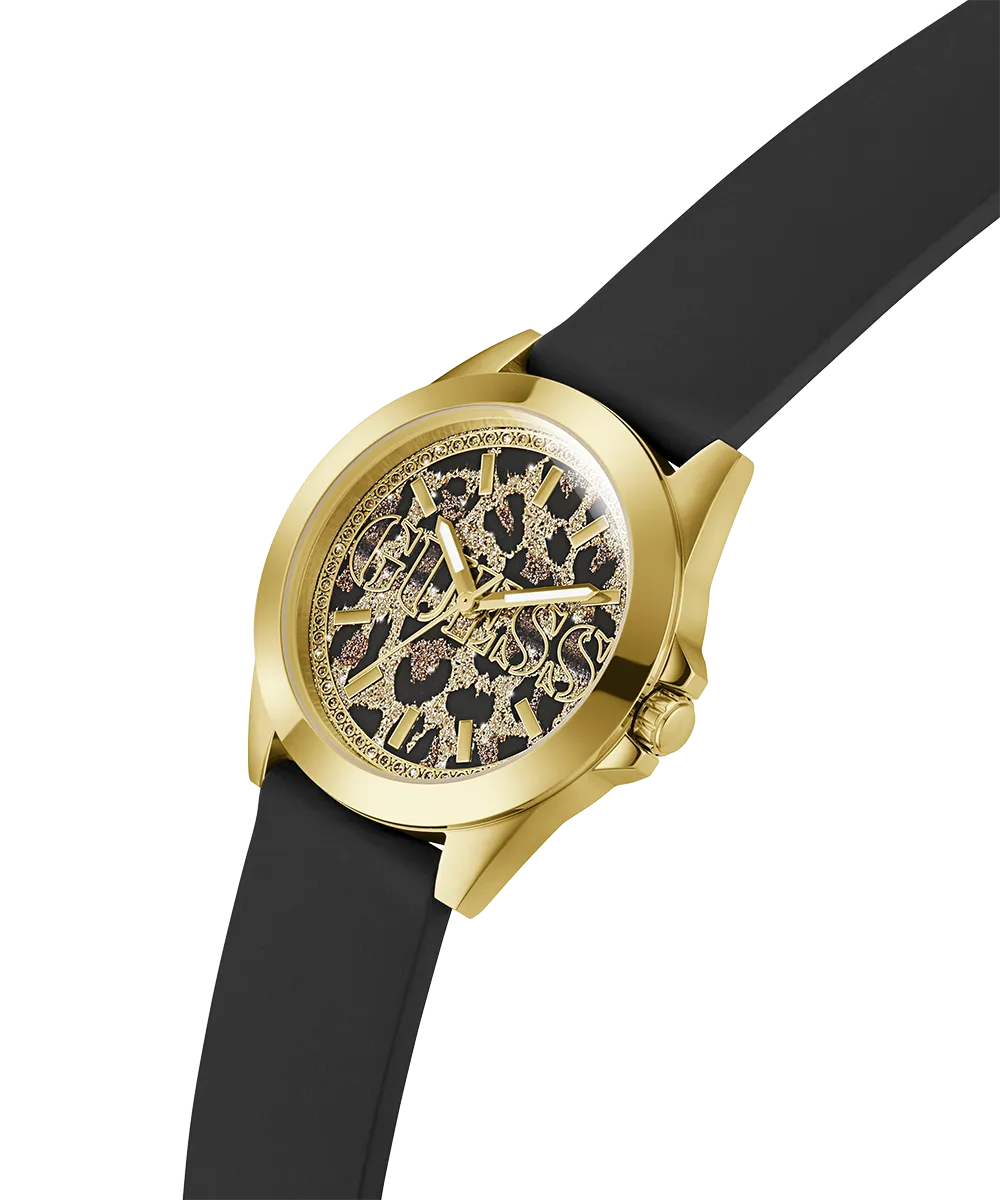 GUESS Ladies Black Gold Tone Analog Watch