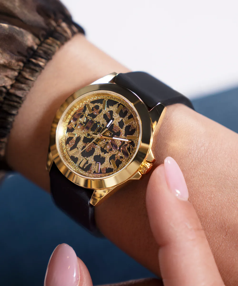 GUESS Ladies Black Gold Tone Analog Watch