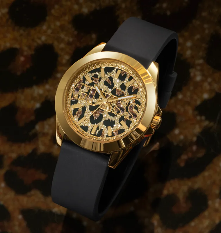GUESS Ladies Black Gold Tone Analog Watch