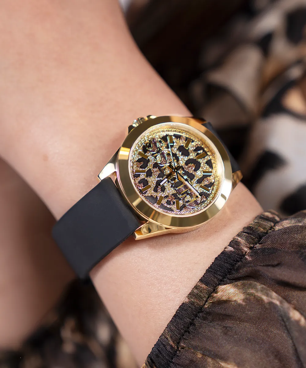 GUESS Ladies Black Gold Tone Analog Watch
