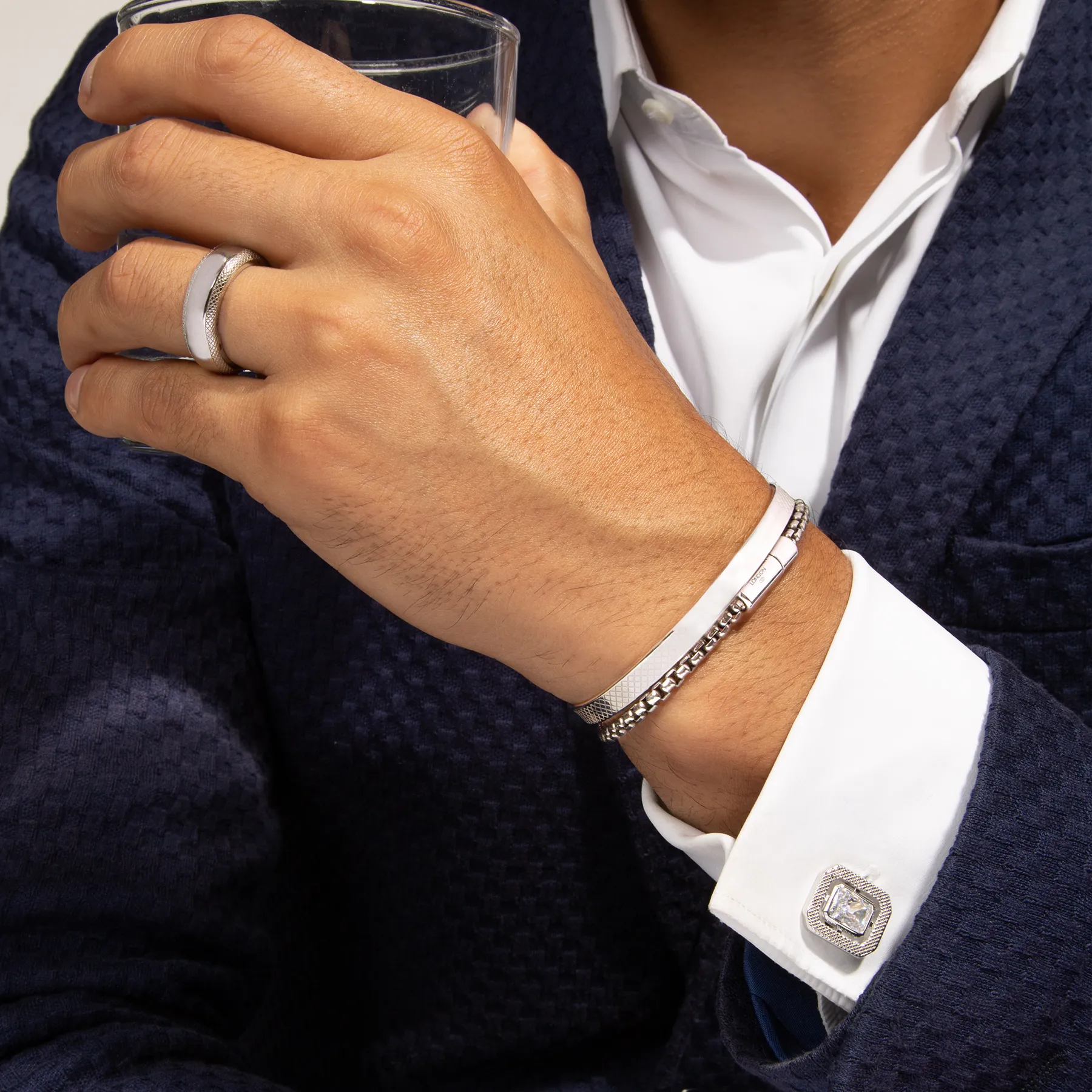 Halo Rectangular Cufflinks in Rhodium Plated with Clear Cubic Zirconia