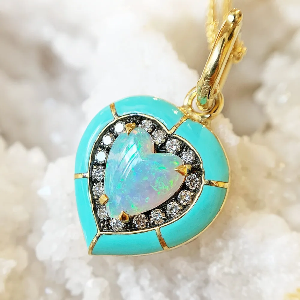 Heart-Shaped Opal, Diamond, & Enamel Necklace - "Turquoise Embrace"