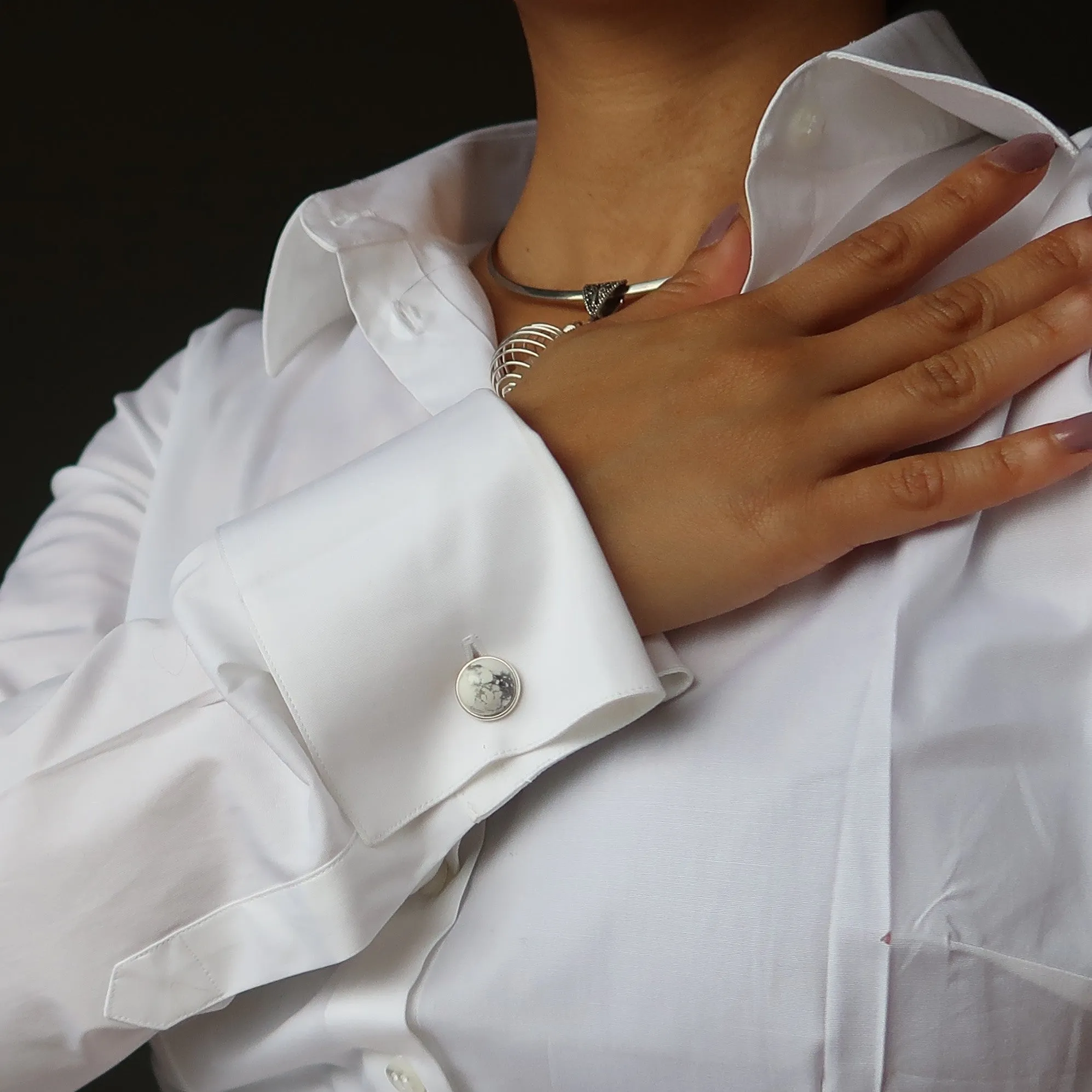 Howlite Cufflinks Style Intrigue Stones White Gray Gem in Silver