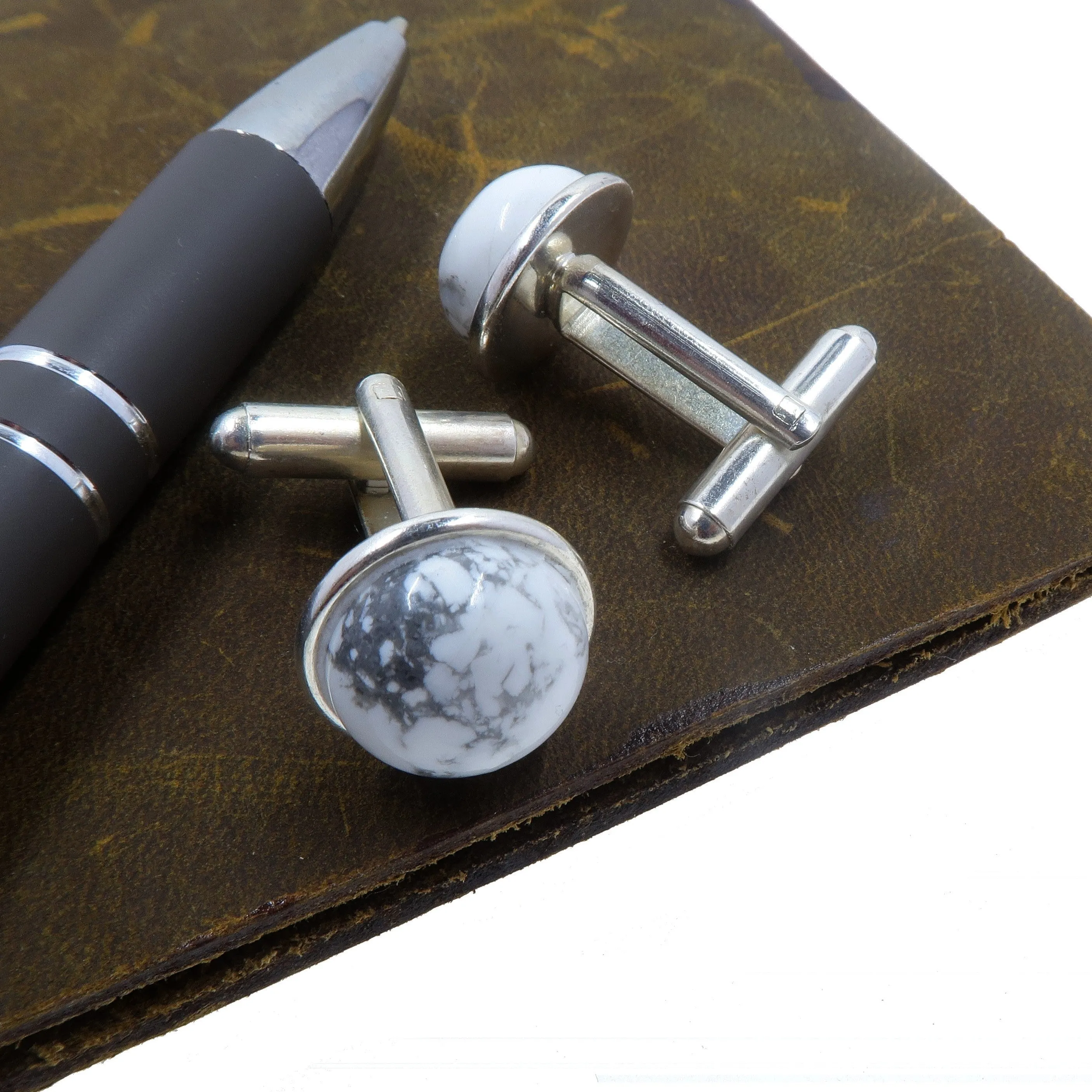 Howlite Cufflinks Style Intrigue Stones White Gray Gem in Silver