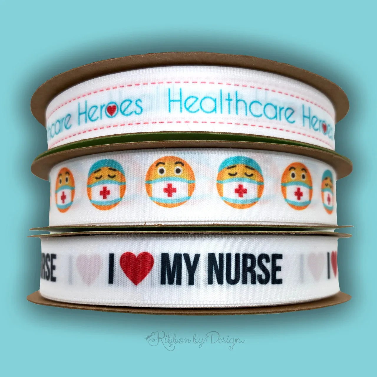 Masked Emoji ribbon with yellow faces and white masks with red crosses printed on 5/8" white single face satin