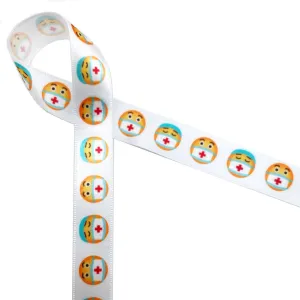 Masked Emoji ribbon with yellow faces and white masks with red crosses printed on 5/8" white single face satin