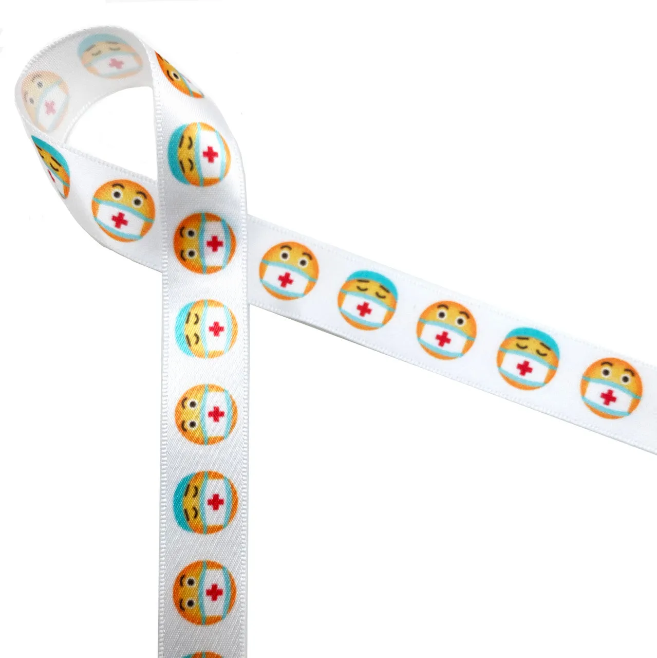 Masked Emoji ribbon with yellow faces and white masks with red crosses printed on 5/8" white single face satin