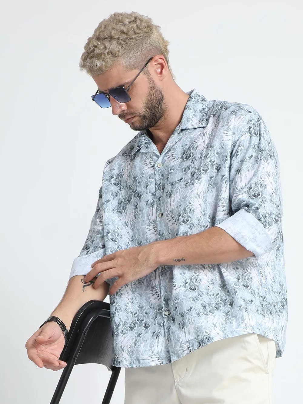 Men Oversized Cuban Collar Hit Gray Shirt