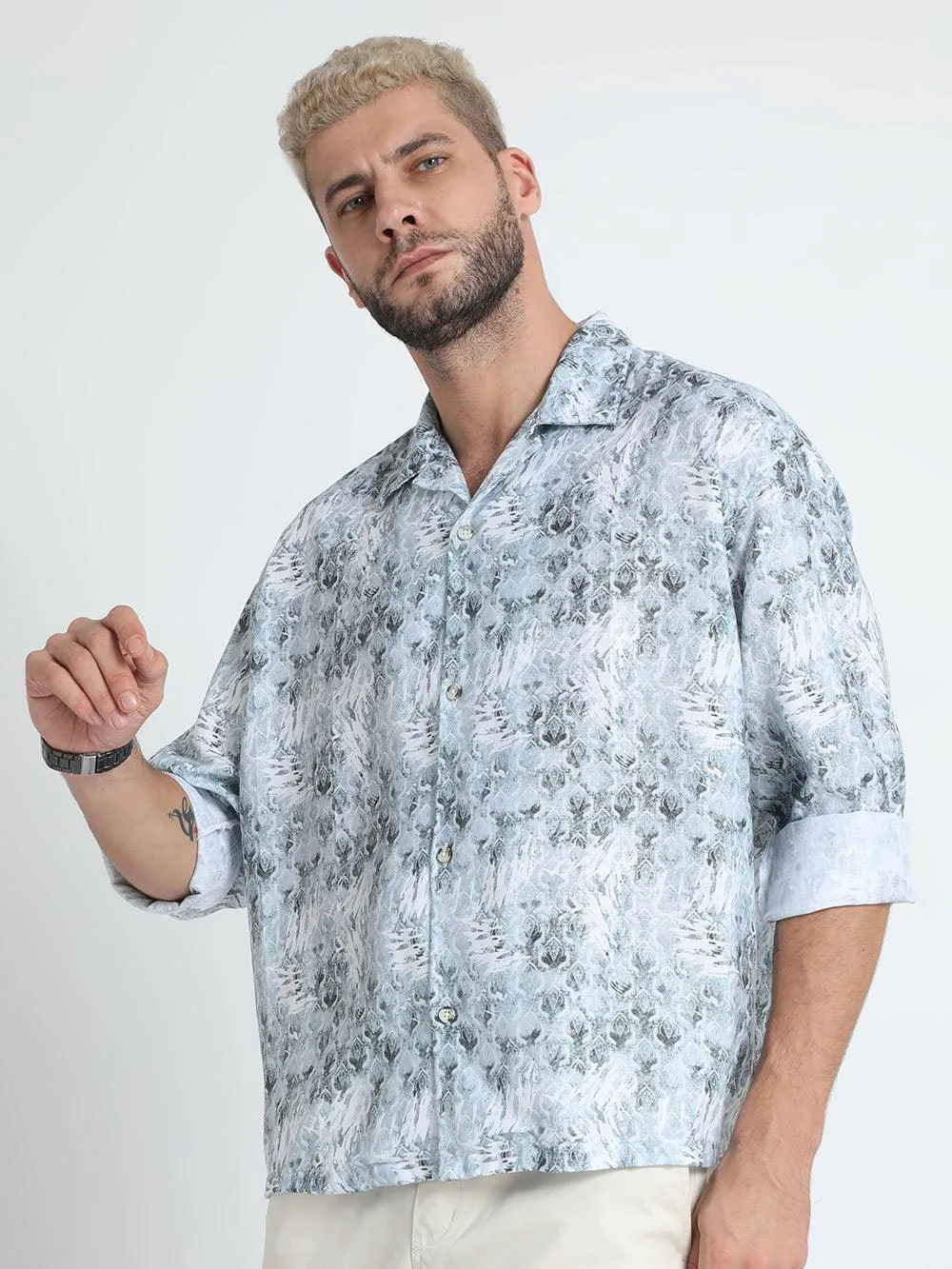 Men Oversized Cuban Collar Hit Gray Shirt