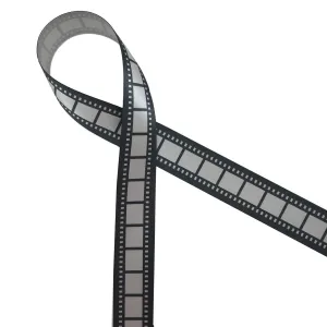 Movie Film Strip ribbon for, Vintage film,  Movie Party, Movie night, gift wrap, Hollywood in black printed on 7/8" silver satin
