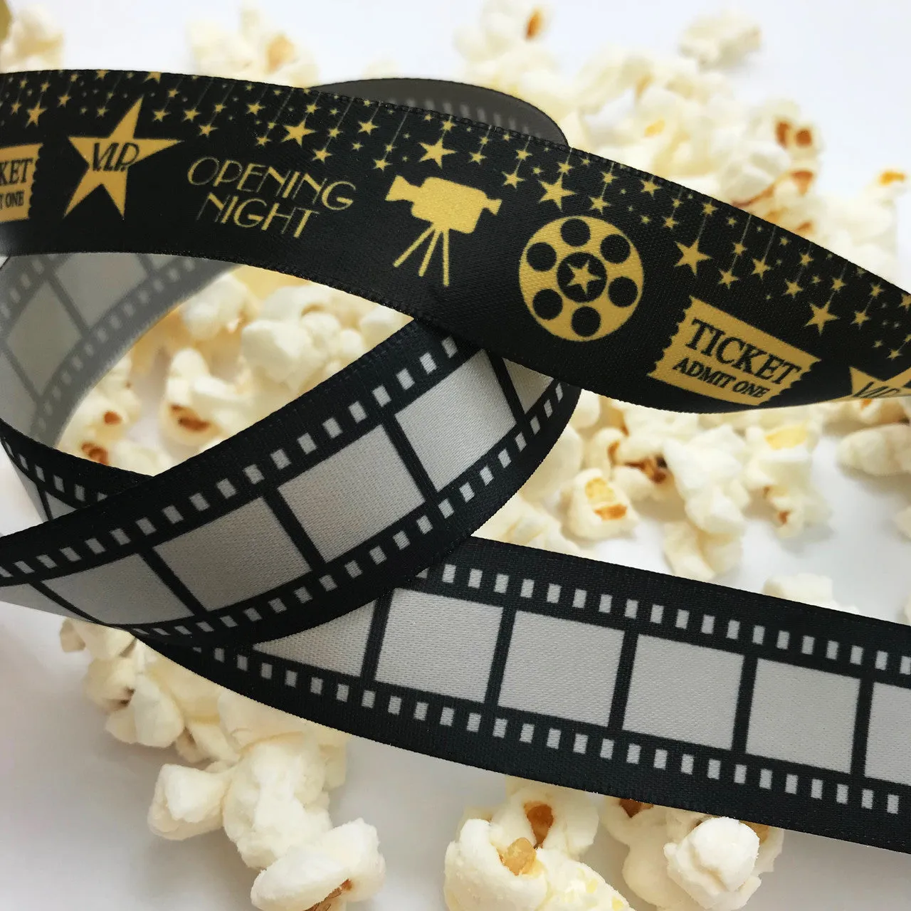 Movie Film Strip ribbon for, Vintage film,  Movie Party, Movie night, gift wrap, Hollywood in black printed on 7/8" silver satin