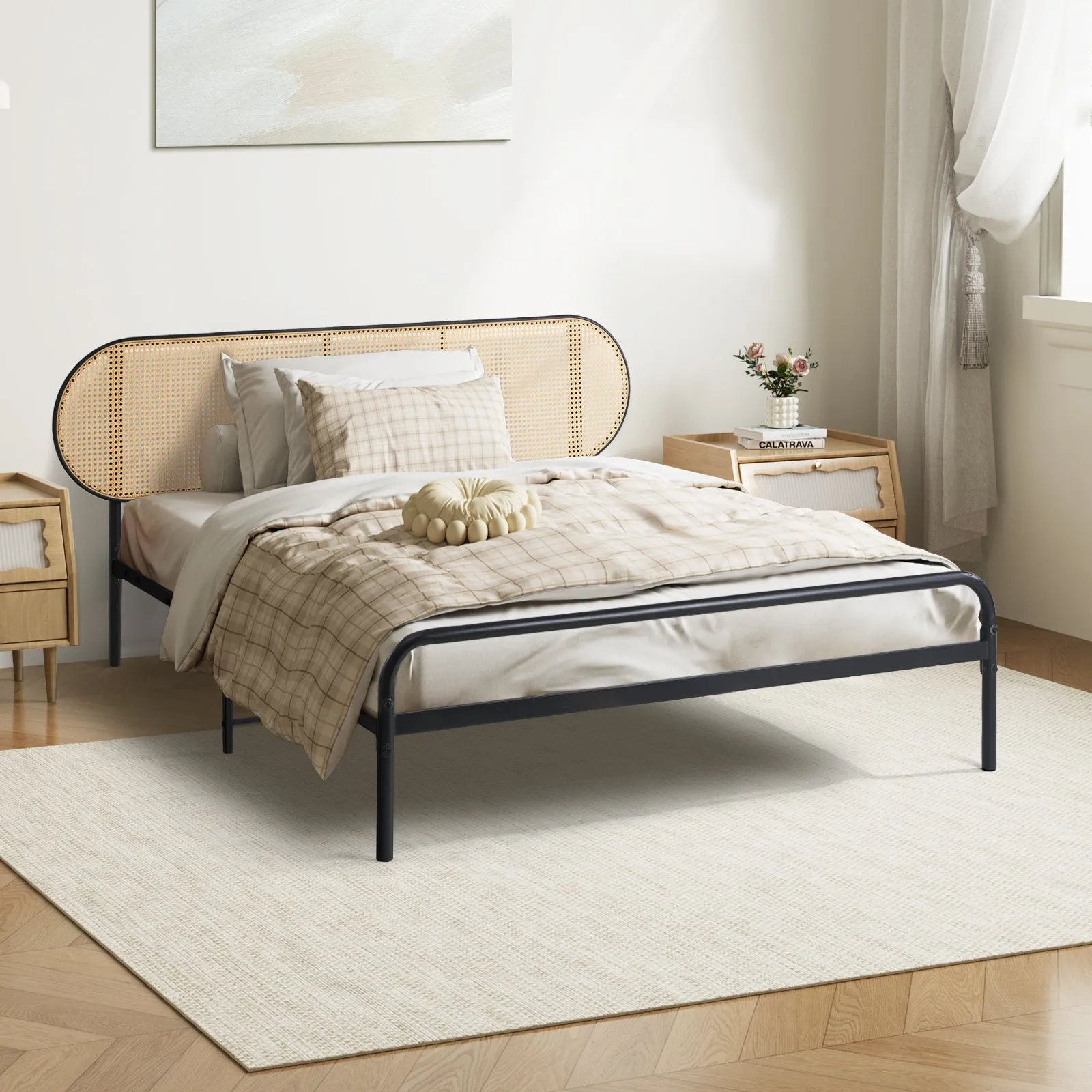 Oikiture Bed Frame Single Size Metal Base Platform with Rattan Headboard