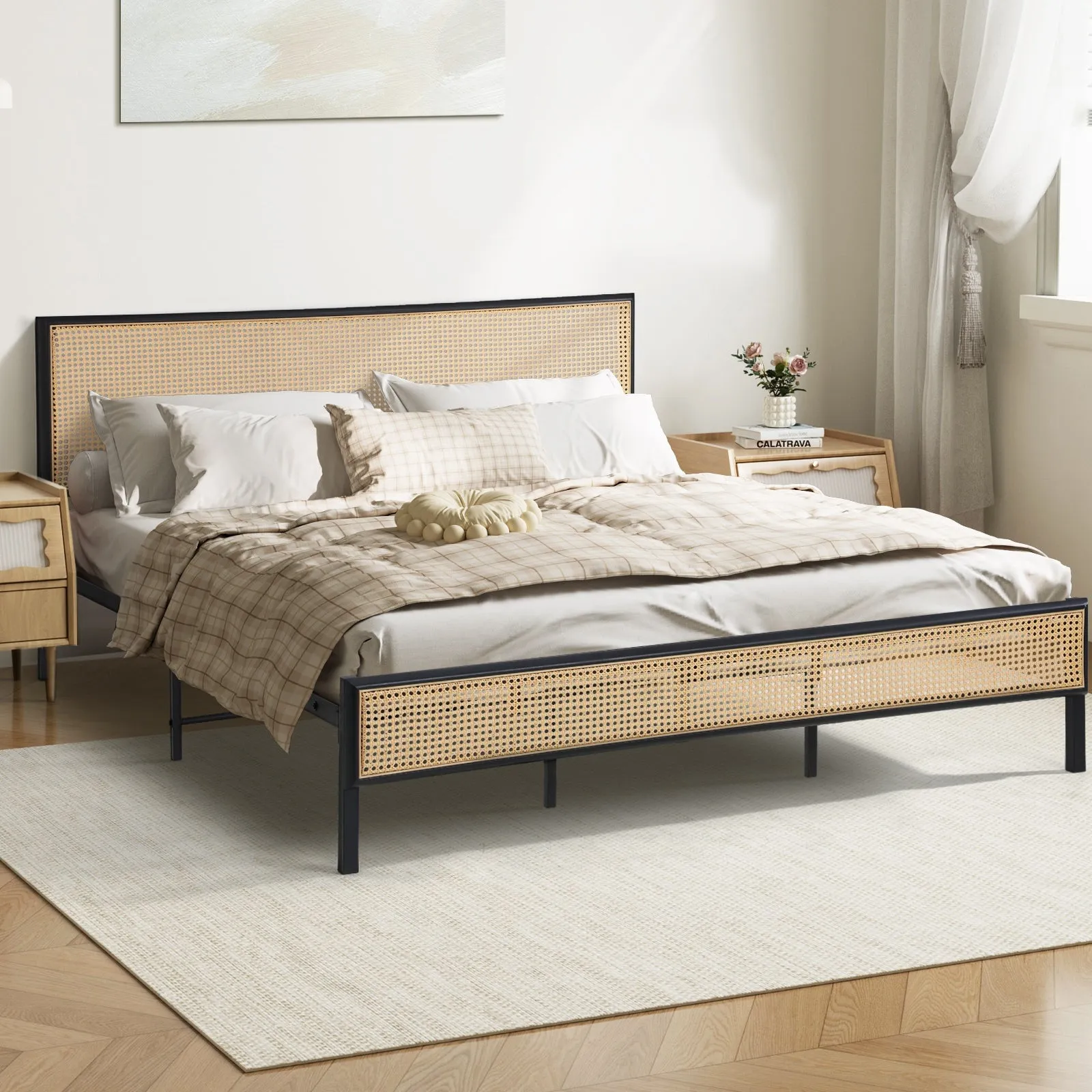 Oikiture Metal Bed Frame King Size Beds Base Platform Rattan