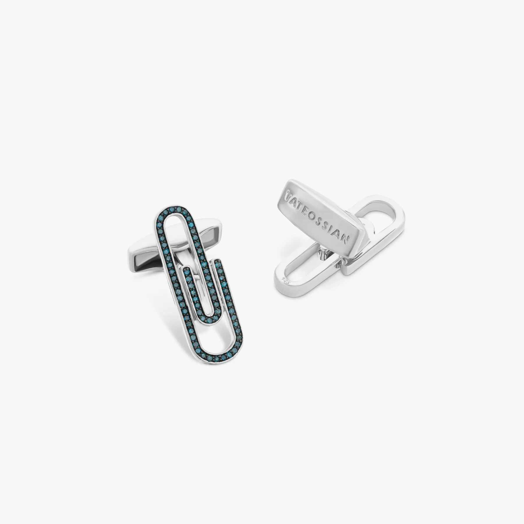 Paperclip cufflinks with blue diamond in sterling silver