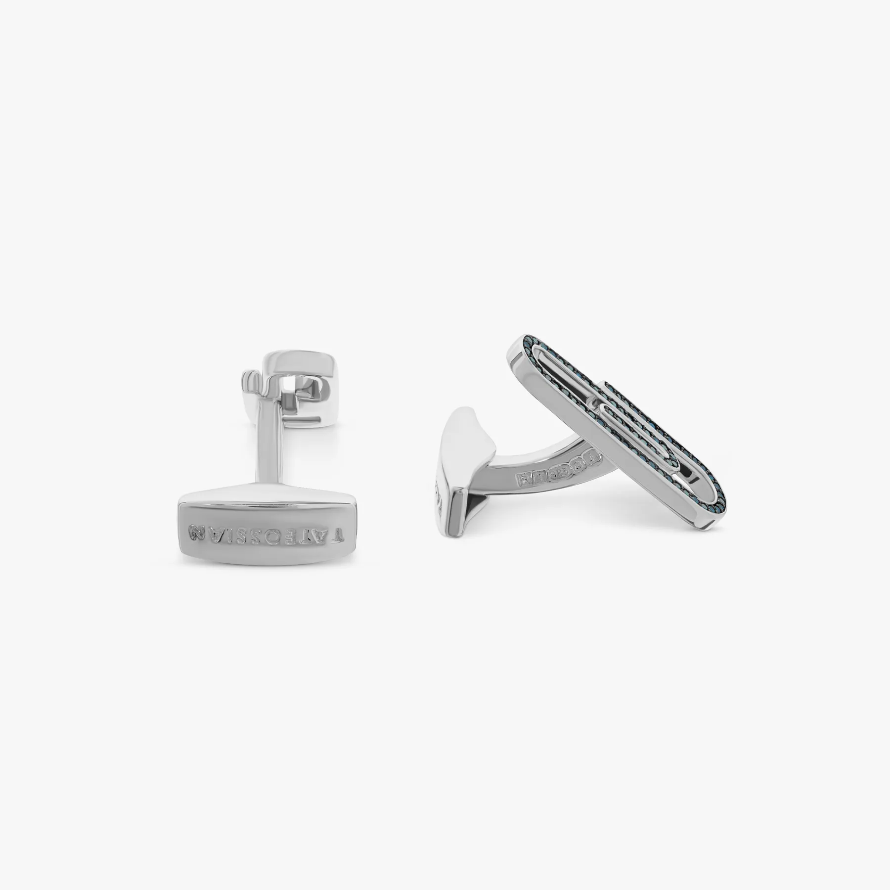 Paperclip cufflinks with blue diamond in sterling silver