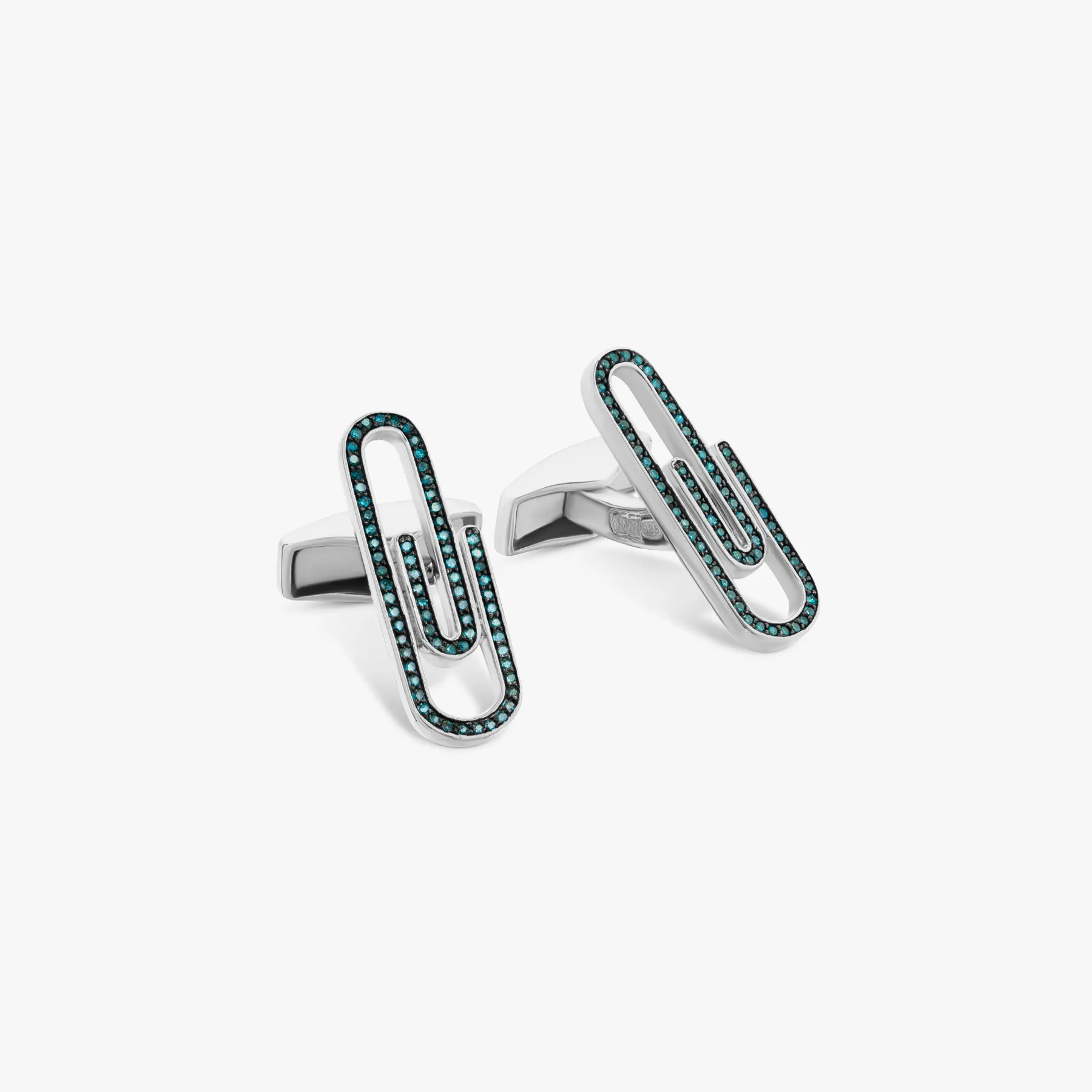 Paperclip cufflinks with blue diamond in sterling silver