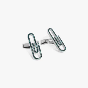Paperclip cufflinks with blue diamond in sterling silver