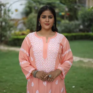 Peach Chikankari Hand Embroidered Rayon Cotton Long Kurta