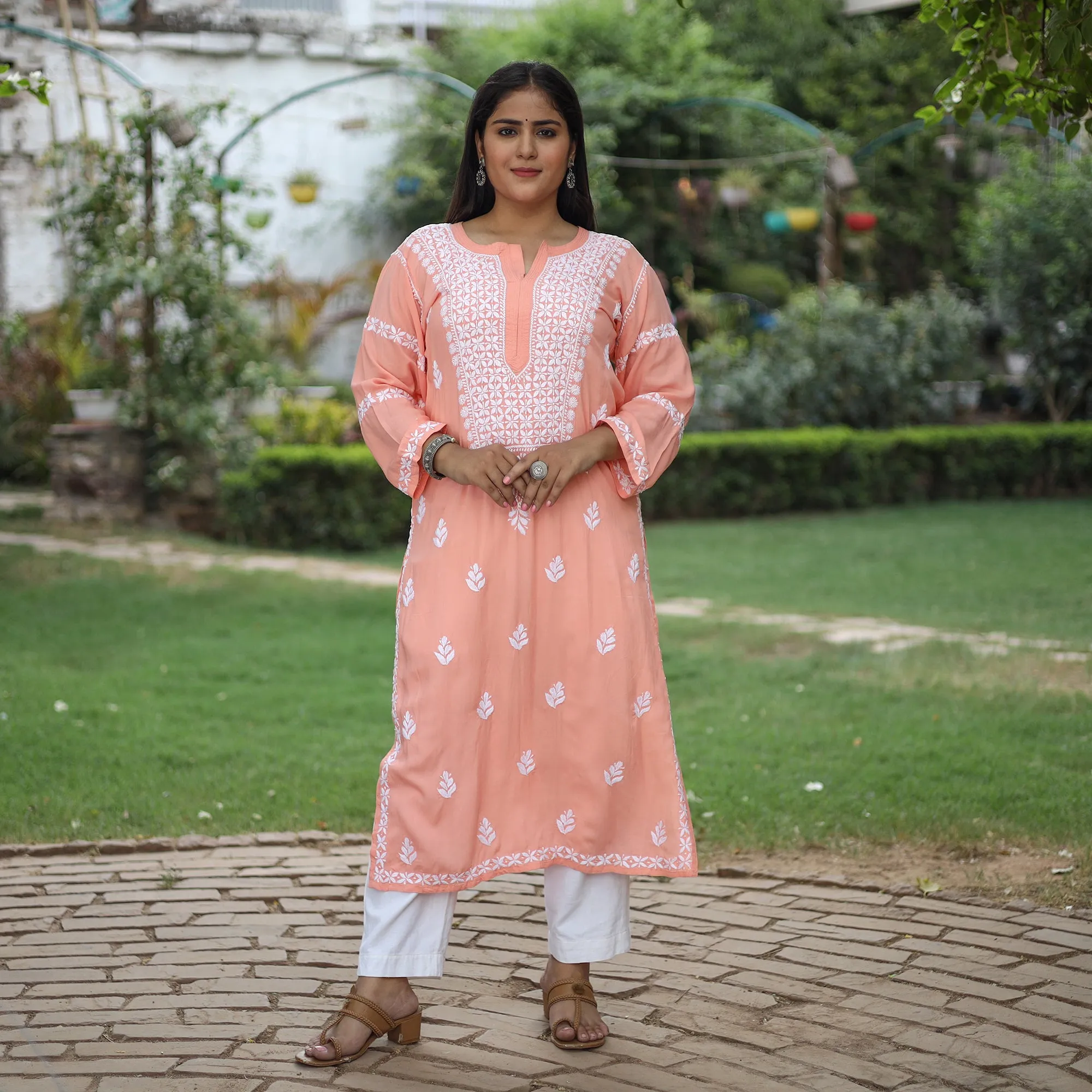 Peach Chikankari Hand Embroidered Rayon Cotton Long Kurta