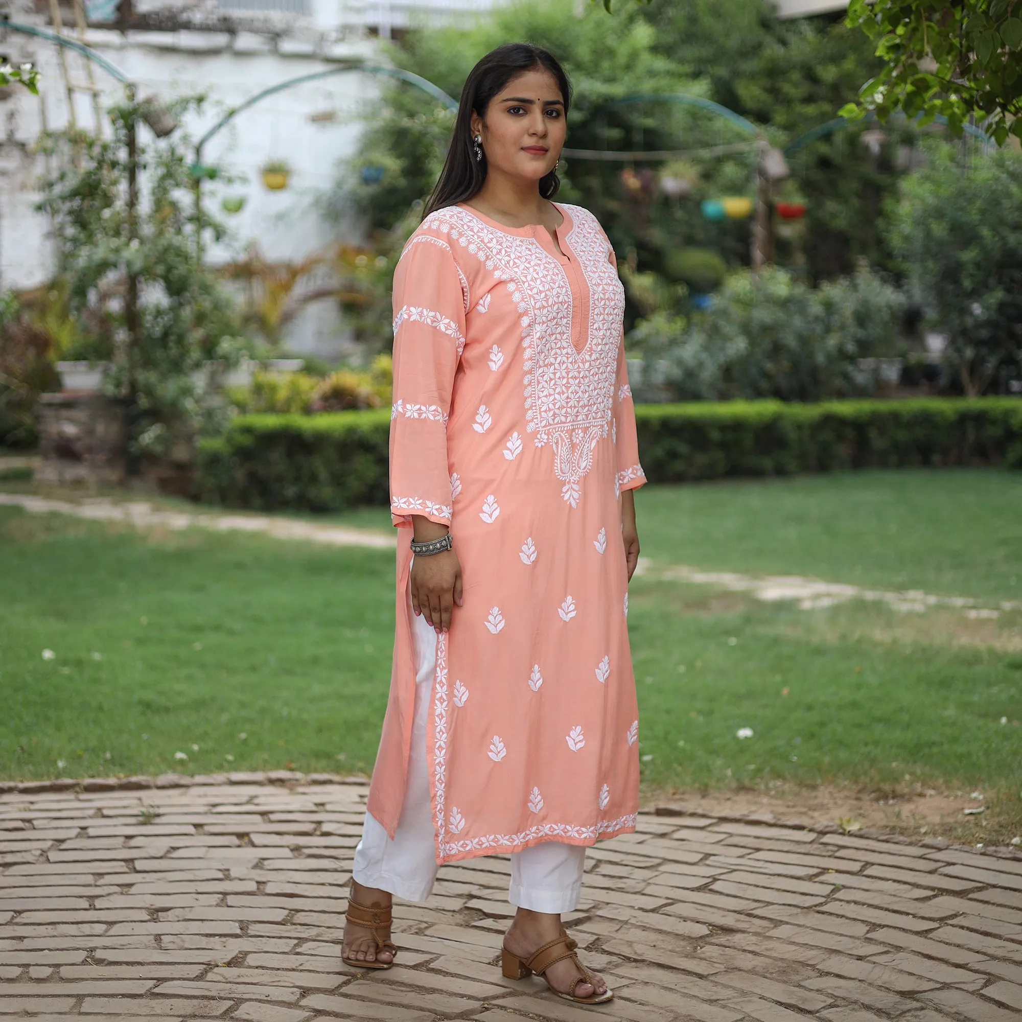 Peach Chikankari Hand Embroidered Rayon Cotton Long Kurta