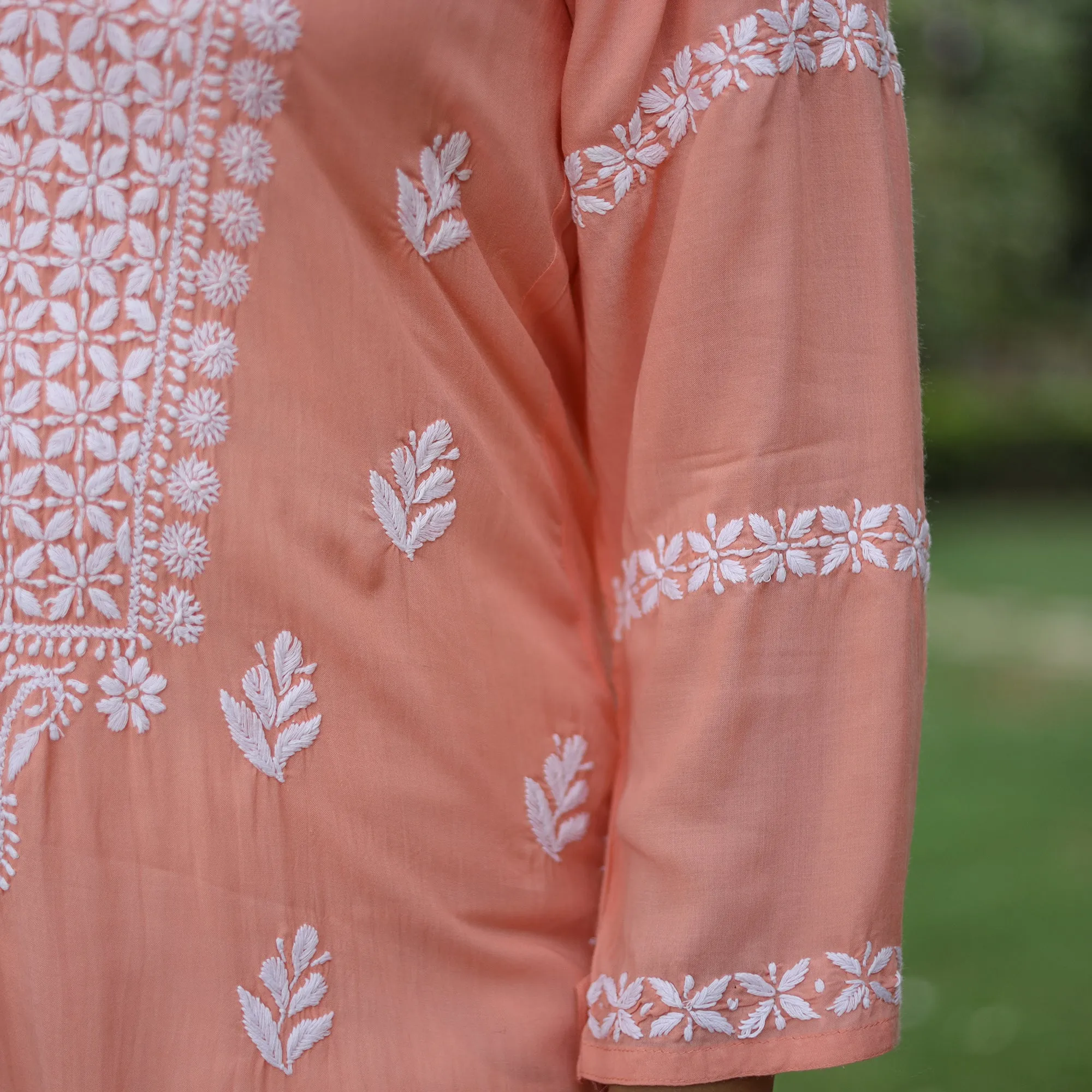 Peach Chikankari Hand Embroidered Rayon Cotton Long Kurta