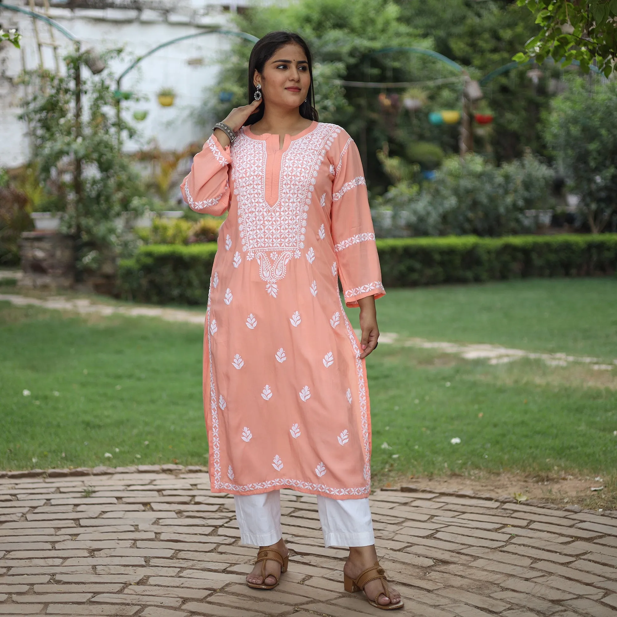Peach Chikankari Hand Embroidered Rayon Cotton Long Kurta