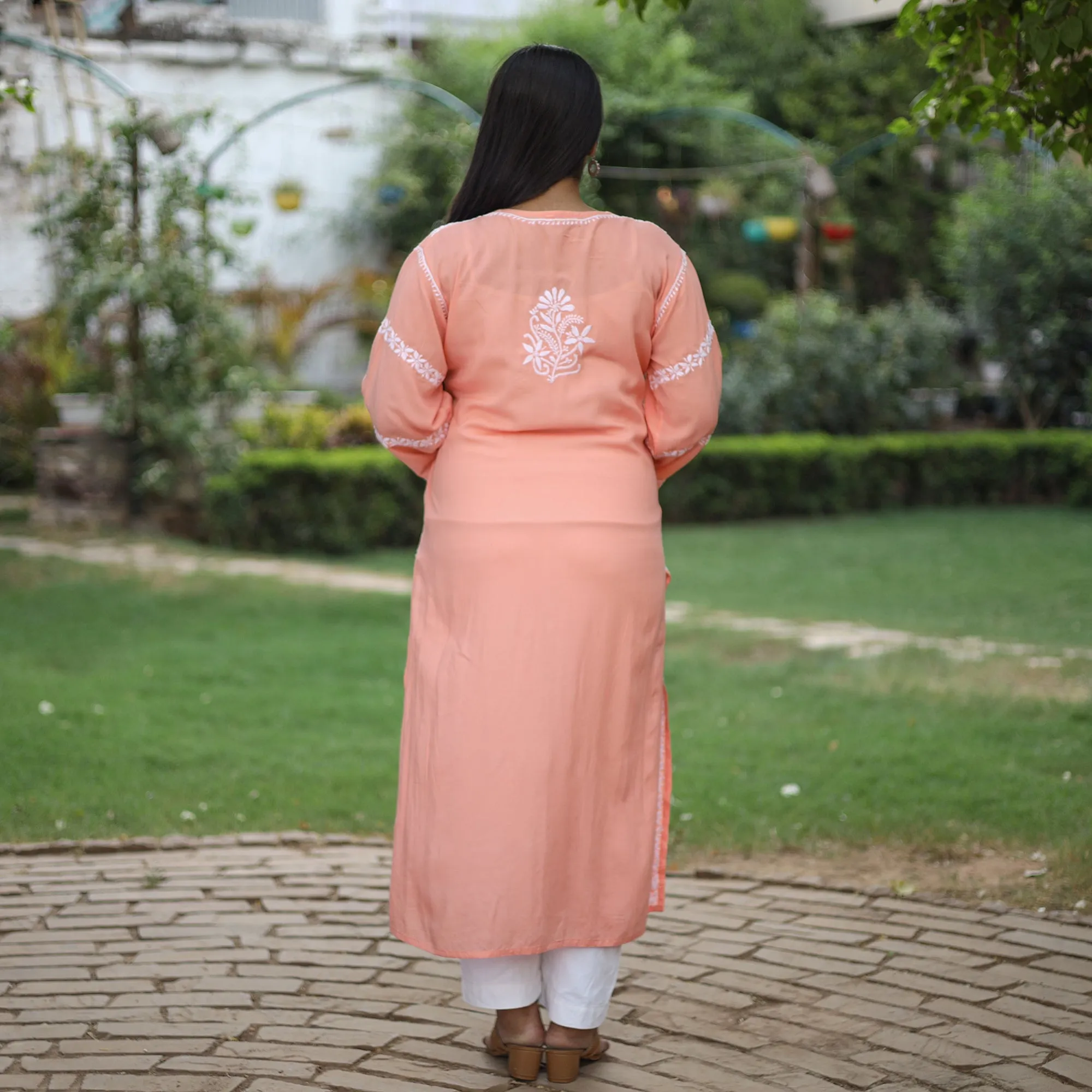 Peach Chikankari Hand Embroidered Rayon Cotton Long Kurta