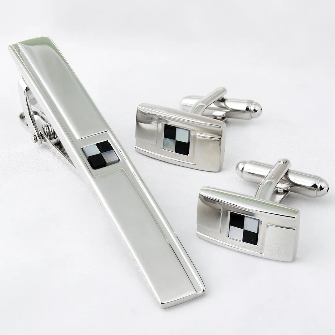 Peluche Checks MOP and Oynx Cufflinks and Tie Pin Set