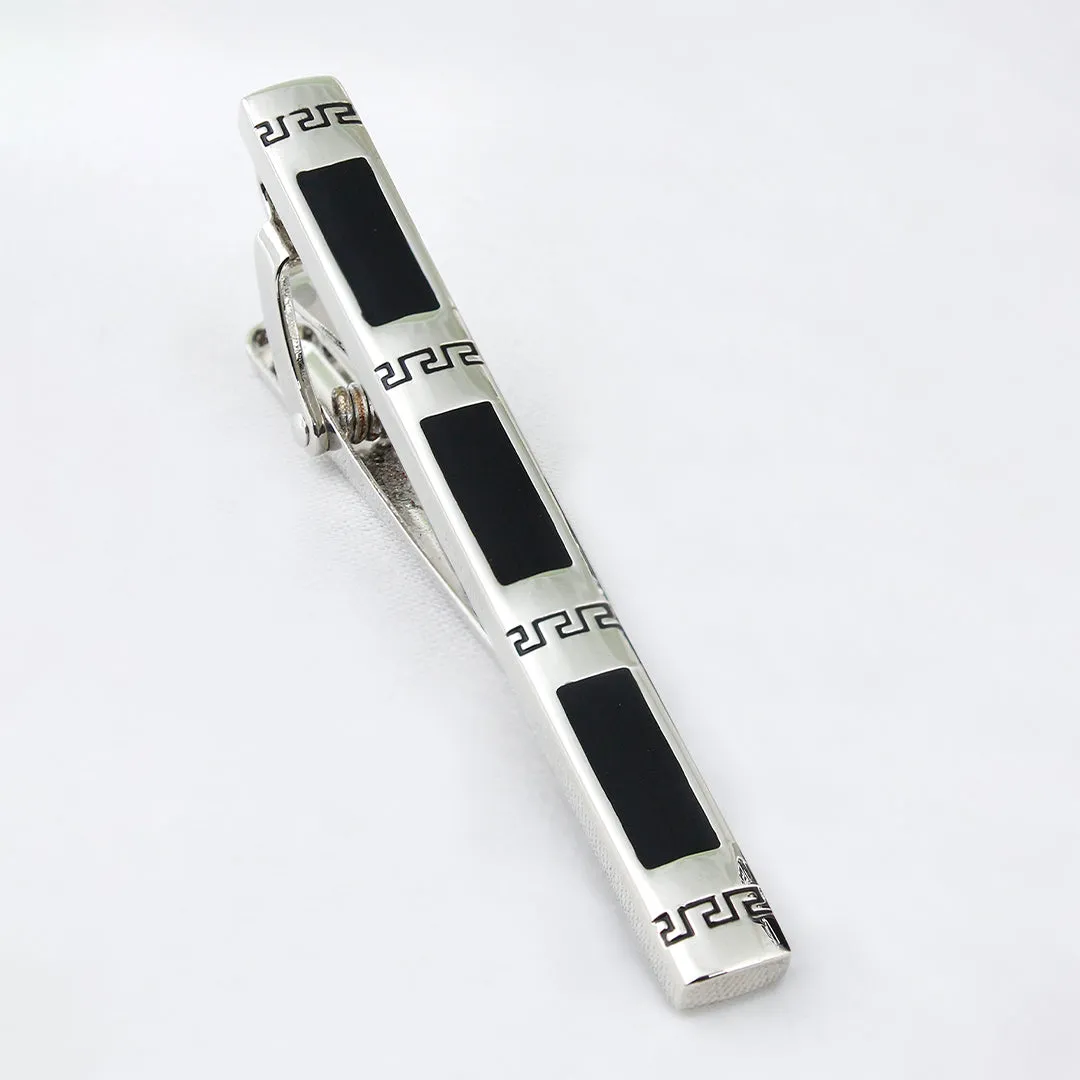 Peluche Greek Key Silver Cufflinks and Tie Pin Set